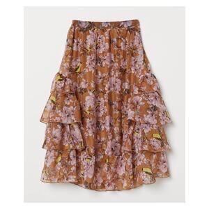 H&M Floral Ruffle Midi Skirt Brown Pink Butterfly Cottagecore Fairycore 0 Fall